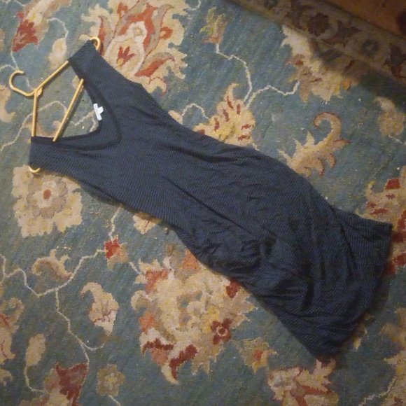 James Perse 100%Cotton Black/Blue Deep V Neck, Back, Tank Dress W/ Ruched Sides - Picture 3 of 11